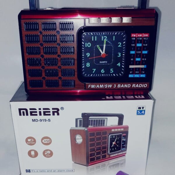 Radio Meier AM/FM C/Reloj Rec y Carga Solar MD-919-S